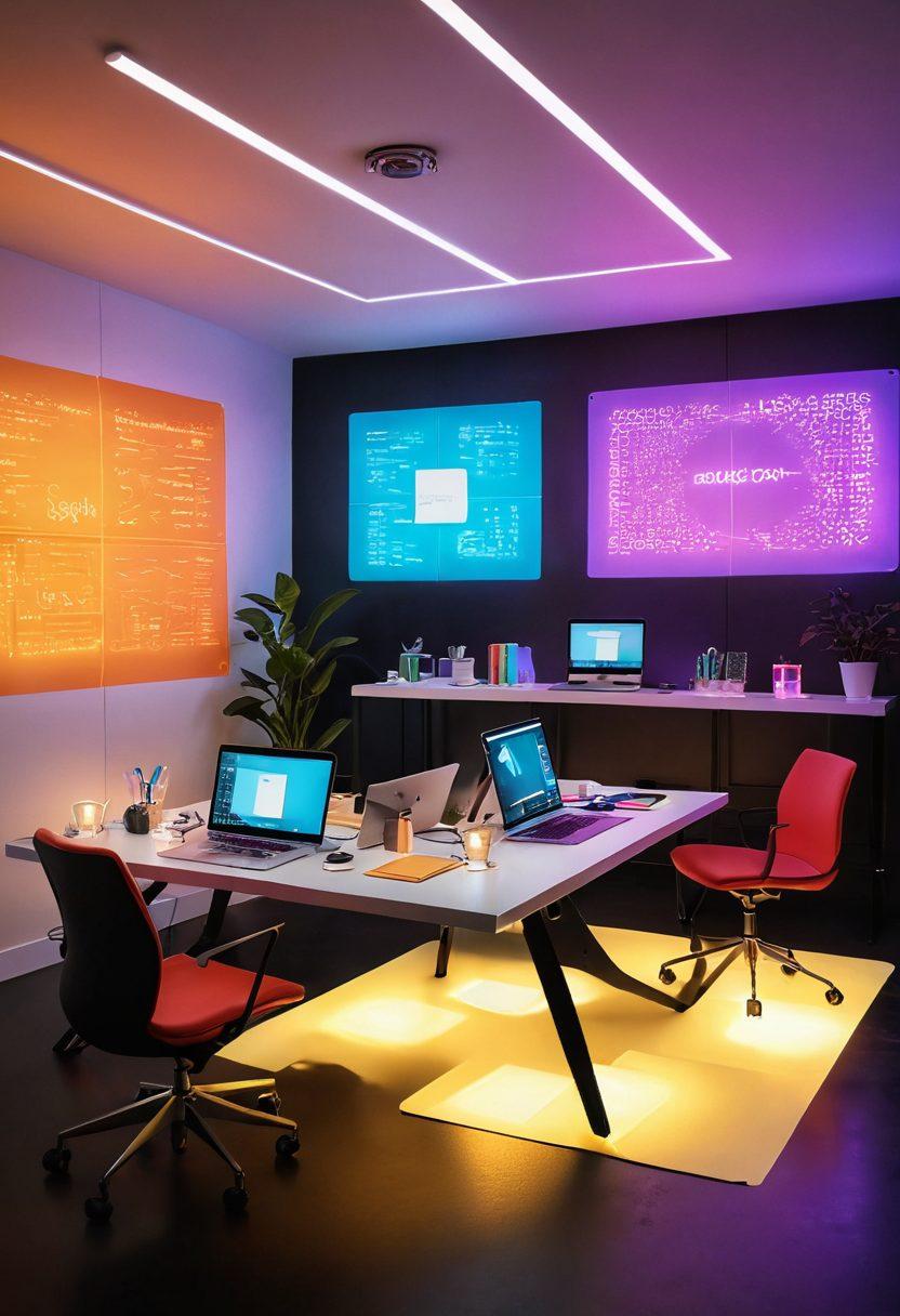 A futuristic workspace filled with advanced technology, showcasing customizable blogging platforms on sleek, holographic screens. Creatives are collaborating, surrounded by vibrant post-it notes and digital brainstorming tools. The room is illuminated by soft LED lights, blending creativity and innovation. The atmosphere is energetic and inspiring, emphasizing the power of technology in the blogging world. super-realistic. vibrant colors. modern interior.