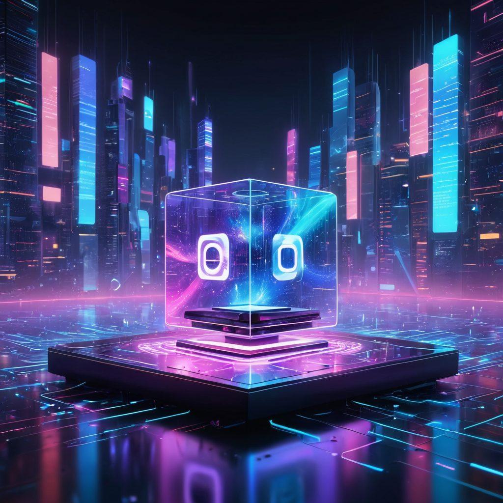 A futuristic digital landscape showcasing a harmonious blend of voice waves and technological elements, with vibrant sound visualization radiating from a sleek Qubic device at the center. Surrounding the device, holographic symbols of connectivity, AI interfaces, and abstract representations of voice integration. The background should feature a blend of urban and digital motifs, illustrating a seamless interaction between humans and technology. {style: super-realistic, vibrant colors, 3D}.